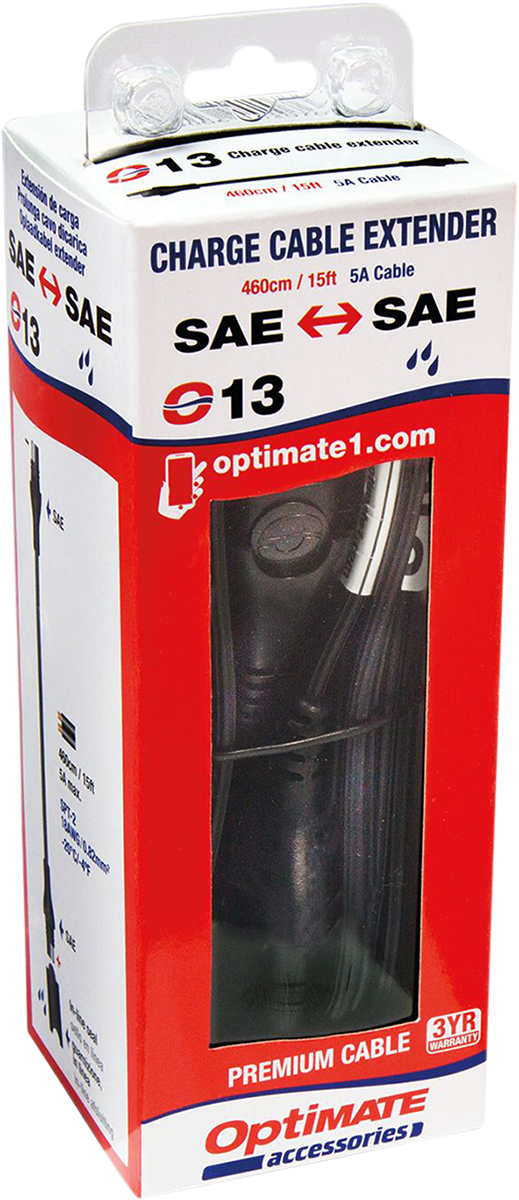 Tecmate Black 15' SAE Plug Universal Battery Pigtail Charger Extension Cable