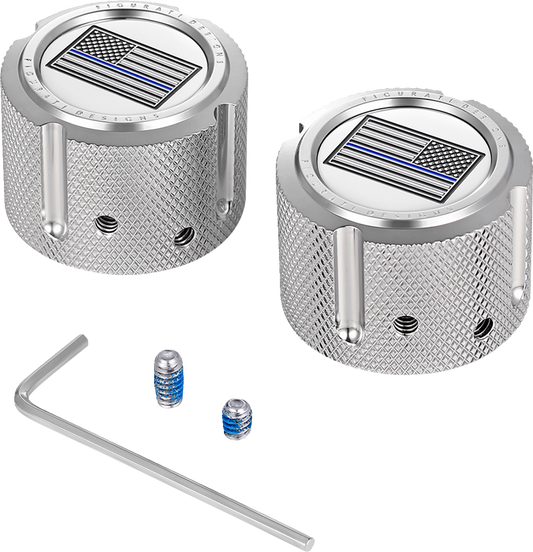 Figurati Designs Front Blue line Flag Axle Nut Chrome Covers for 2002-22 Harley