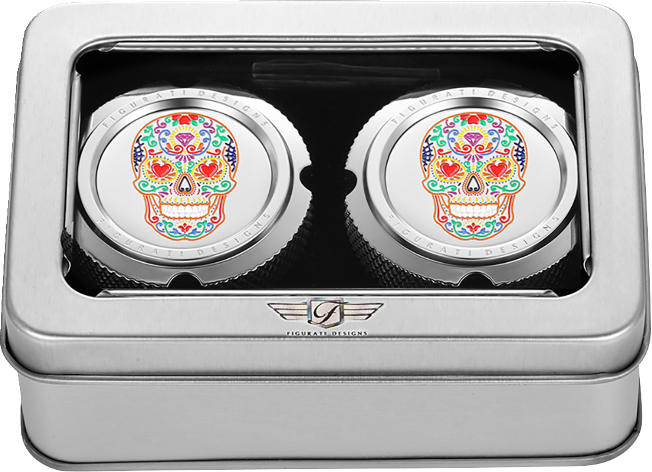 Figurati Designs Silver Sugar Skull Front Axle Nut Covers for 2002-2022 Harley