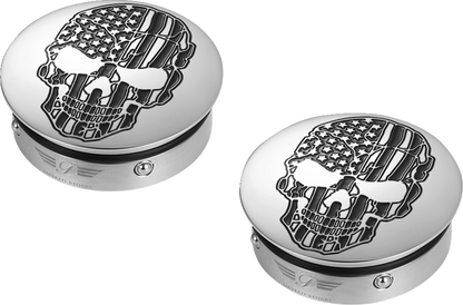 Figurati Designs B&W Skull USA Flag Swingarm Covers for 1980-2025 Harley