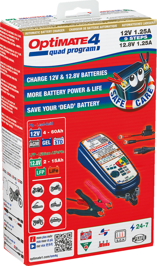 Tecmate Optimate 4 Battery Charger Tender Maintainer 12V Motorcycle ATV Snow UTV