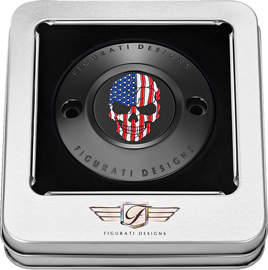 Figurati Designs Skull American Flag Black Timing Cover for 2017-2023 Harley M8