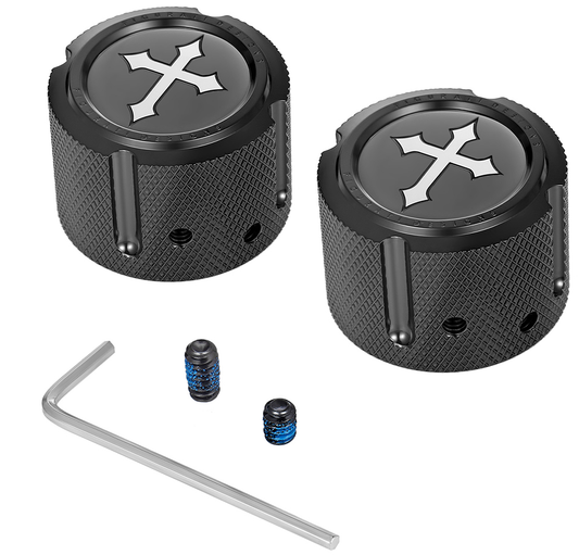 Figurati Designs Cross Front Axle Nut Black Covers for 2002-2022 Harley