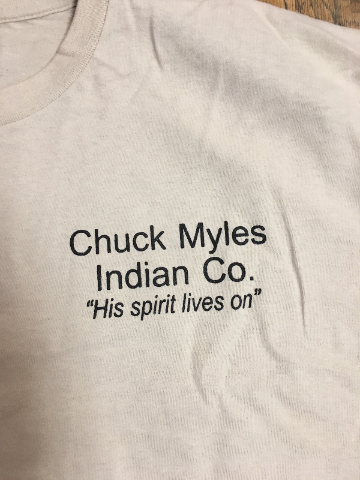 Chuck Myles Indian Co. Home of the hot ones Tan Motorcycle Short Sleeve T-Shirt