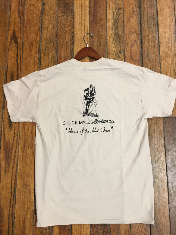 Chuck Myles Indian Co. Home of the hot ones Tan Motorcycle Short Sleeve T-Shirt