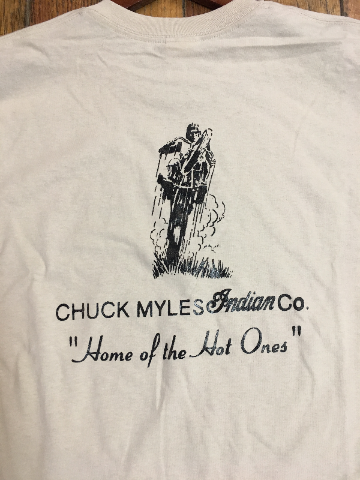Chuck Myles Indian Co. Home of the hot ones Tan Motorcycle Short Sleeve T-Shirt