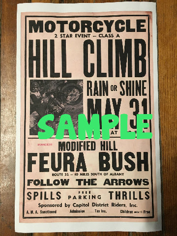 Vintage 1940's copy Indian  Motorcycle hill climb Feura Bush Ny poster 14 x 22