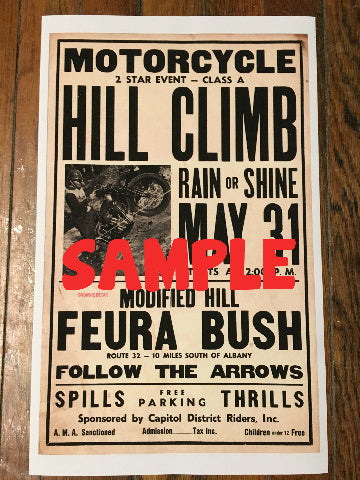 Vintage 1940's copy Indian  Motorcycle hill climb Feura Bush Ny poster 14 x 22