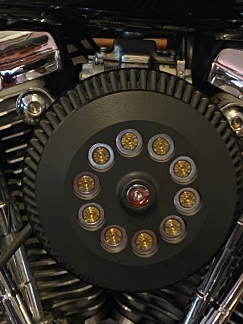 JT's Cycles Genuine .45 Auto Brass Bullets Flat Black Air Filter Cover Harley