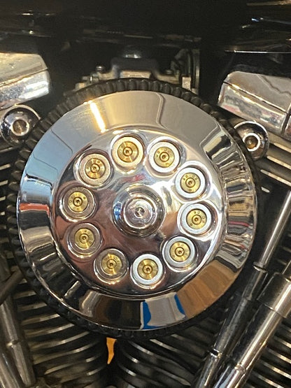 JT's Cycles Genuine 7.62 Military Brass Bullets Chrome Air Filter Cover Harley