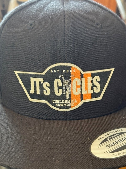 JT's Cycles Custom Motorcycle Shop Premium Snapback Hat Flat Bill Cap