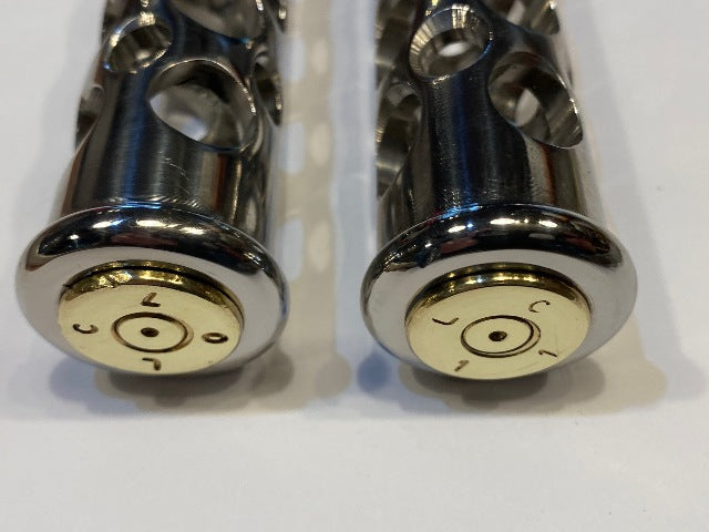 JT's Cycles Stainless Steel Genuine .50 Caliber BMG Bullets Footpegs for Harley