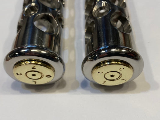JT's Cycles Stainless Steel Genuine .50 Caliber BMG Bullets Footpegs for Harley