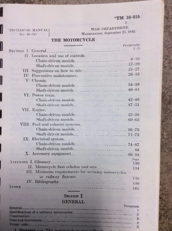 New Reproduction War Department Technical Manual the Harley Indian Motorcycle